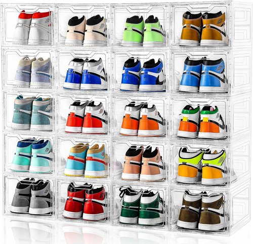 Clear Plastic Shoe Boxes - 10 Pack Stackable Storage Organizers with Lids | Fits Up to US Size 13