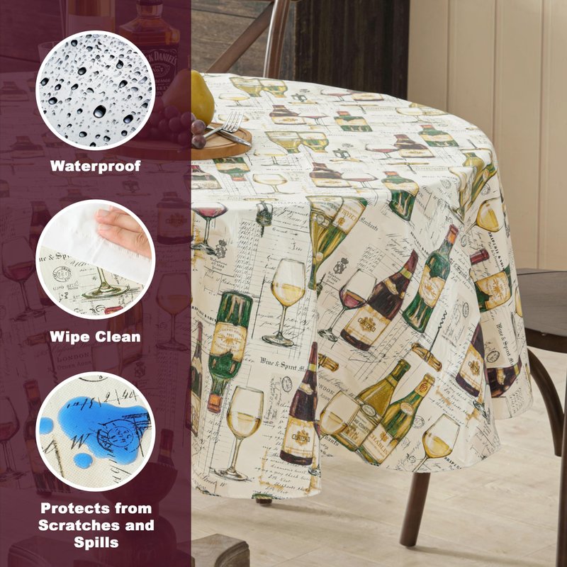 Newbridge Wine Tasting Vinyl Flannel Backed Tablecloth, French Wine Bottles and London Spirits Print, Easy Care Wipe Clean Indoor Outdoor Table Cover, 70 Inch Round