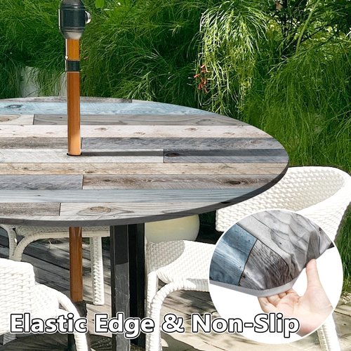 Kamoor Round Outdoor Tablecloth with Umbrella Hole and Zipper Wood Texture Elastic Table Cover Waterproof Outdoor Table Cloth for Patio Picnic Camping Fits 44-48" Diameter Round Tables