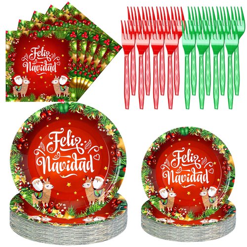 Qinyoung 96 Pcs Feliz Navidad Party Decorations Mexican Christmas Paper Plates and Napkins Set Feliz Navidad Dinner Dessert Tableware Red and Green Serve 24 Guests for Spanish Christmas Party Supplies