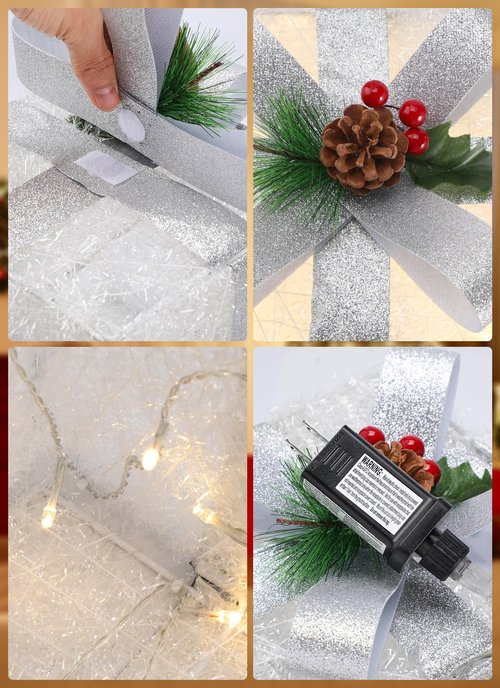 Brightown 3 Pieces Lighted Gift Boxes Outdoor Christmas Decorations, 12" 10" 8" with 60 Pre-Lit Mini String Lights，Foldable LED Boxes with Bows for Tree Indoor Outdoor Party Yard Home Decor