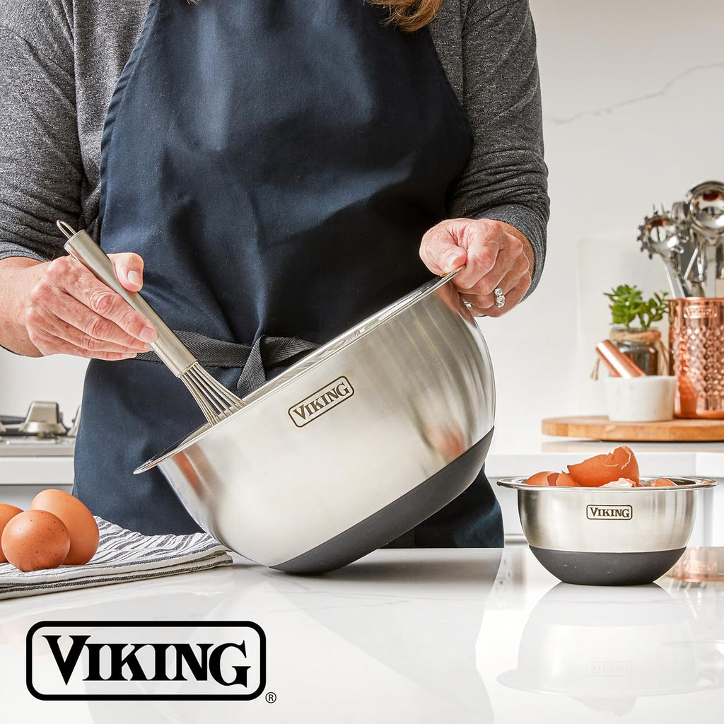 Viking Mixing Bowls Set - 10 Piece Stainless Steel Cookware with Non-Slip Silicone Base & Lids | Black