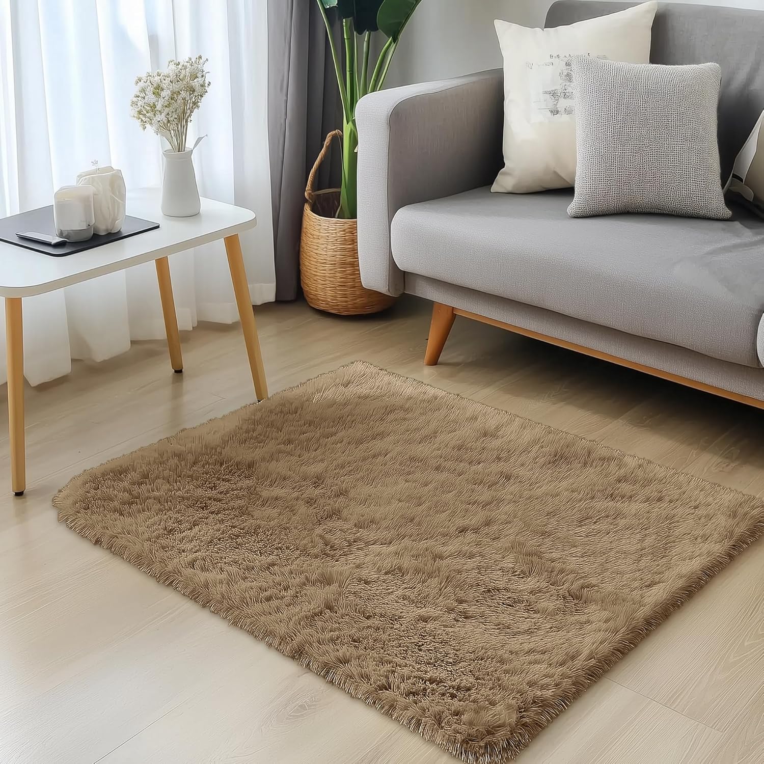 OLANLY Small Bedside Rug - Soft, Machine Washable Shaggy Throw Rug for Bedroom & Living Room | Taupe