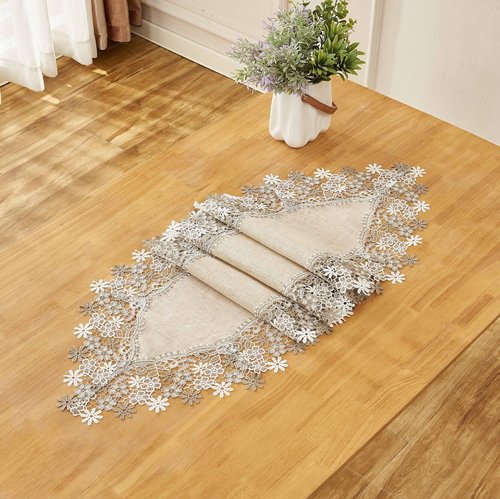 Winotic Natural Neutral Earth Tones Beige Floral Lace Table Runner Dresser Scarf 36 inches Long for Home Decor (16” x36”, Natural)