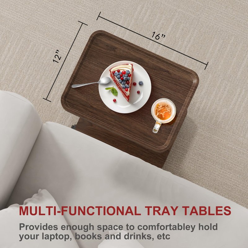 ZUJJAFY Tv Tray Table, Adjustable Height C Shaped End Side Table for Couch Chair Bed or Small Spaces, Swivel Sofa Armresrt Tables for Drinks Dinner Snack, with Wheels, Couch Tables that Slide Under