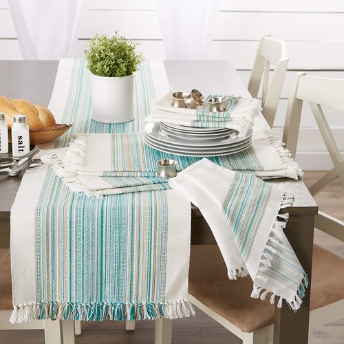 DII Everyday Collection Fringed Stripe Tabletop, Table Runner, 14x72, Teal