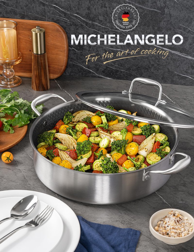MICHELANGELO Tri-ply Stainless Steel Saute Pan 6 QT, 12.5 Inch Deep Frying Pan with Lid, 18/10 Large Saute Pan with Nonstick Honeycomb Interior, Induction Compatible & Oven Safe