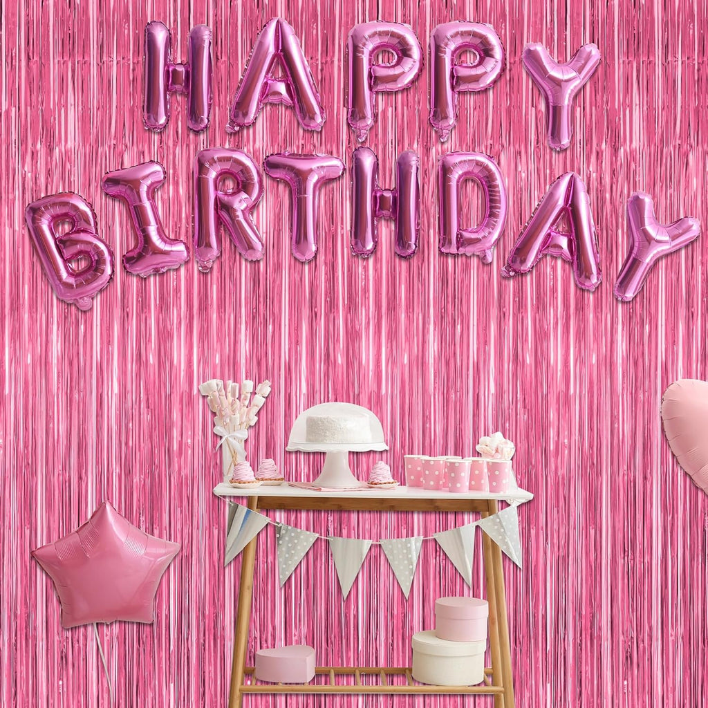 Skiennix Pink Party Decorations - 2 Pack Metallic Tinsel Backdrop Curtains | 3.28 FT x 7.05 FT