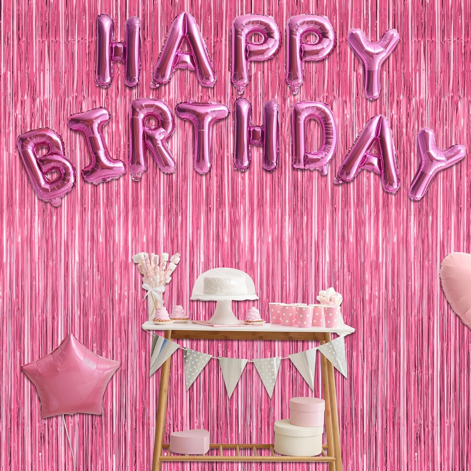 Skiennix Pink Party Decorations - 2 Pack Metallic Tinsel Backdrop Curtains | 3.28 FT x 7.05 FT