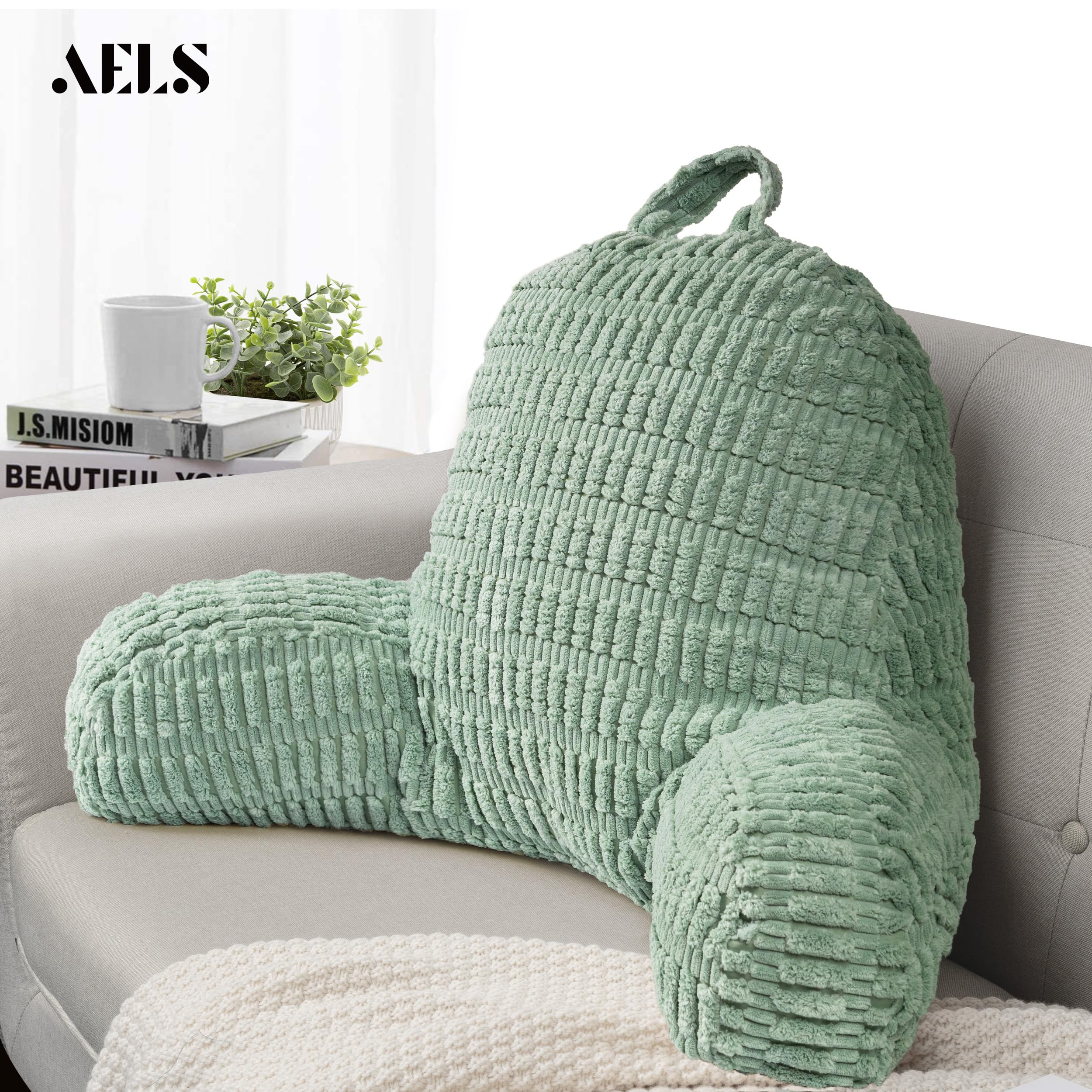 AELS Large Reading Pillow Replacement Cover with Arms and Pockets (Cover ONLY), 18" Soft Corduroy Striped Backrest Pillow Cover Fits Standard Size Reading Pillows, Sage Green