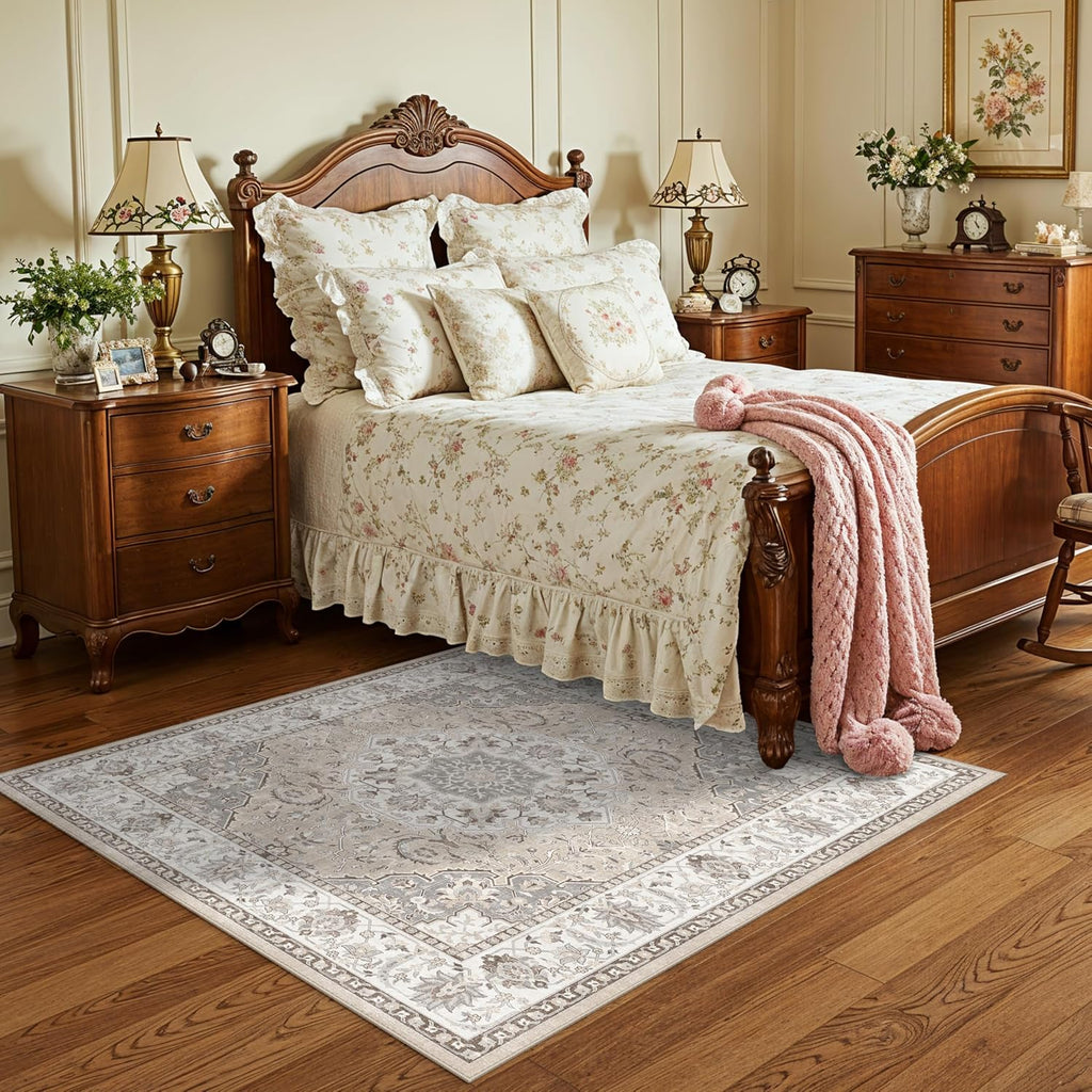Skiennix 4x4 Washable Area Rug - Soft Non-Slip Kitchen & Bathroom Mat | Water-Resistant Beige Decor