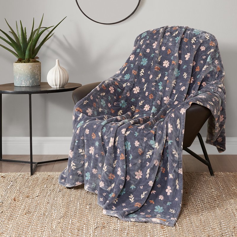 Lucky Brand Luxurious Fuzzy Blanket for Sofa or Bed, Tossed Blooms Plush Throw Blanket, 50" x 70", Gray Floral