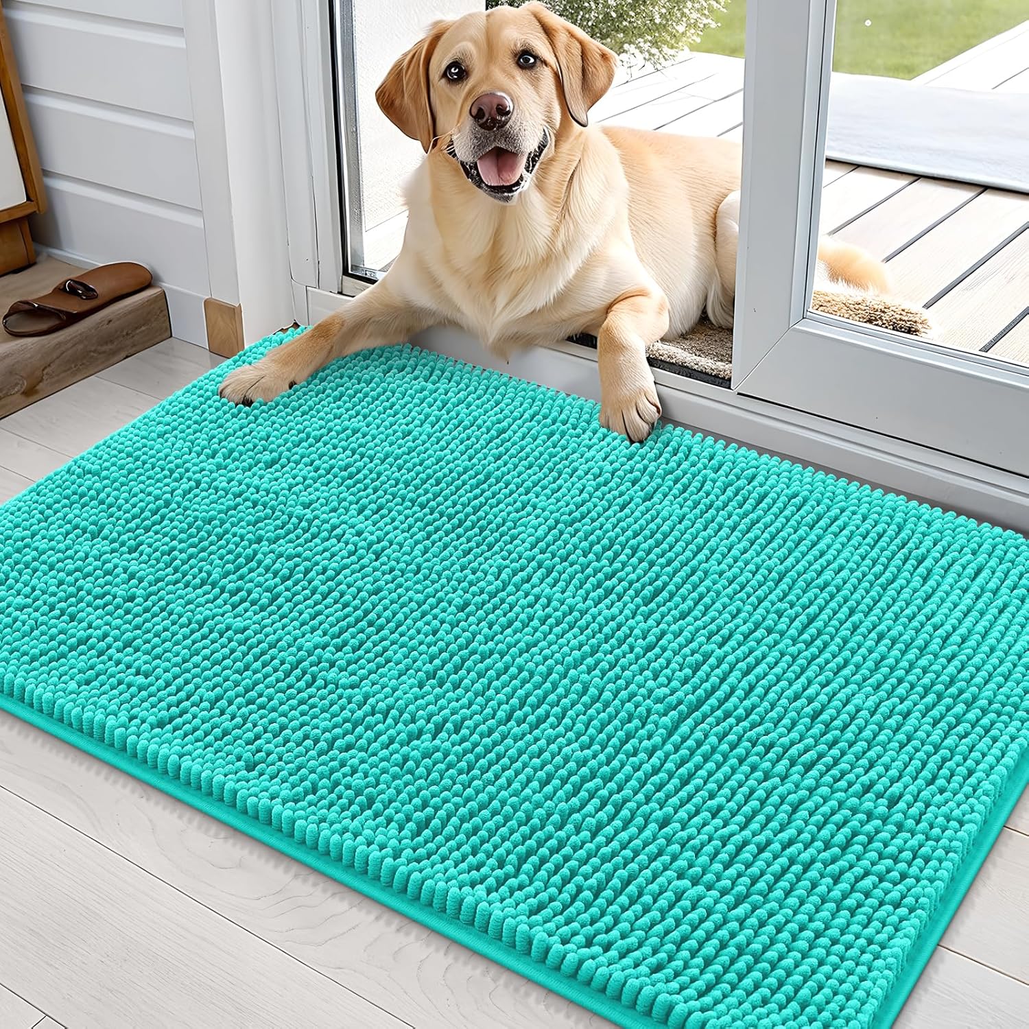 OLANLY Dog Door Mat - Absorbent Non-Slip Washable Doormat for Muddy Paws | 36x24 Teal Chenille Mat