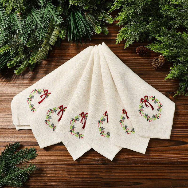 SmoothNovelty 6 Pcs Christmas Cloth Napkins Xmas Linen Dinner Napkins 18 x 18 Inch Soft Embroidered Linen Square Fabric Merry Christmas Wreath White Handkerchief for Wedding Holiday Dining Gifts