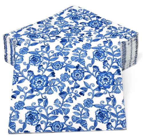 Gift Boutique 100 Blue Floral Cocktail Beverage Napkins Disposable Paper Spring Blue Flowers Dessert Napkin for Spring Flower Wedding Holiday Bridal & Baby Shower Tableware Party Supplies
