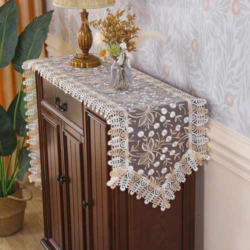 Lace Table Runner Floral Embroidery Fabric Rustic Table Runners Elegant Chic Table Transparent Cover for Home Dining Room Tabletop Decor Wedding Party Dresser (Champagne&White, 16 x 87 Inch)