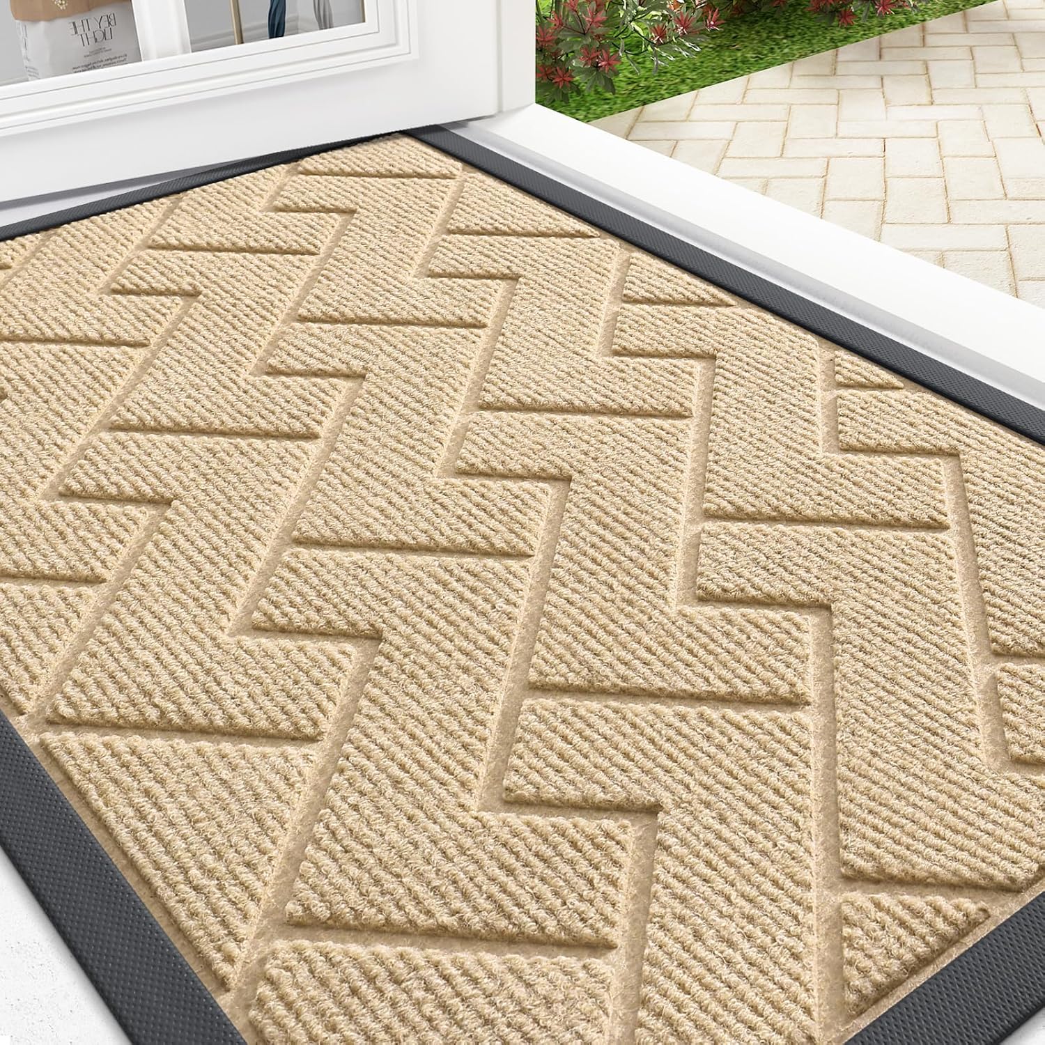 OLANLY Waterproof Front Door Mat - All-Season, Easy Clean Herringbone Design | Beige, 36x24 Inches