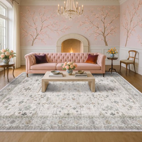 Hazo Haus Boho Living Room Rug - Light Grey Floral Design, 10x14, Washable Low Pile, Non-Slip Extra Large Area Rug