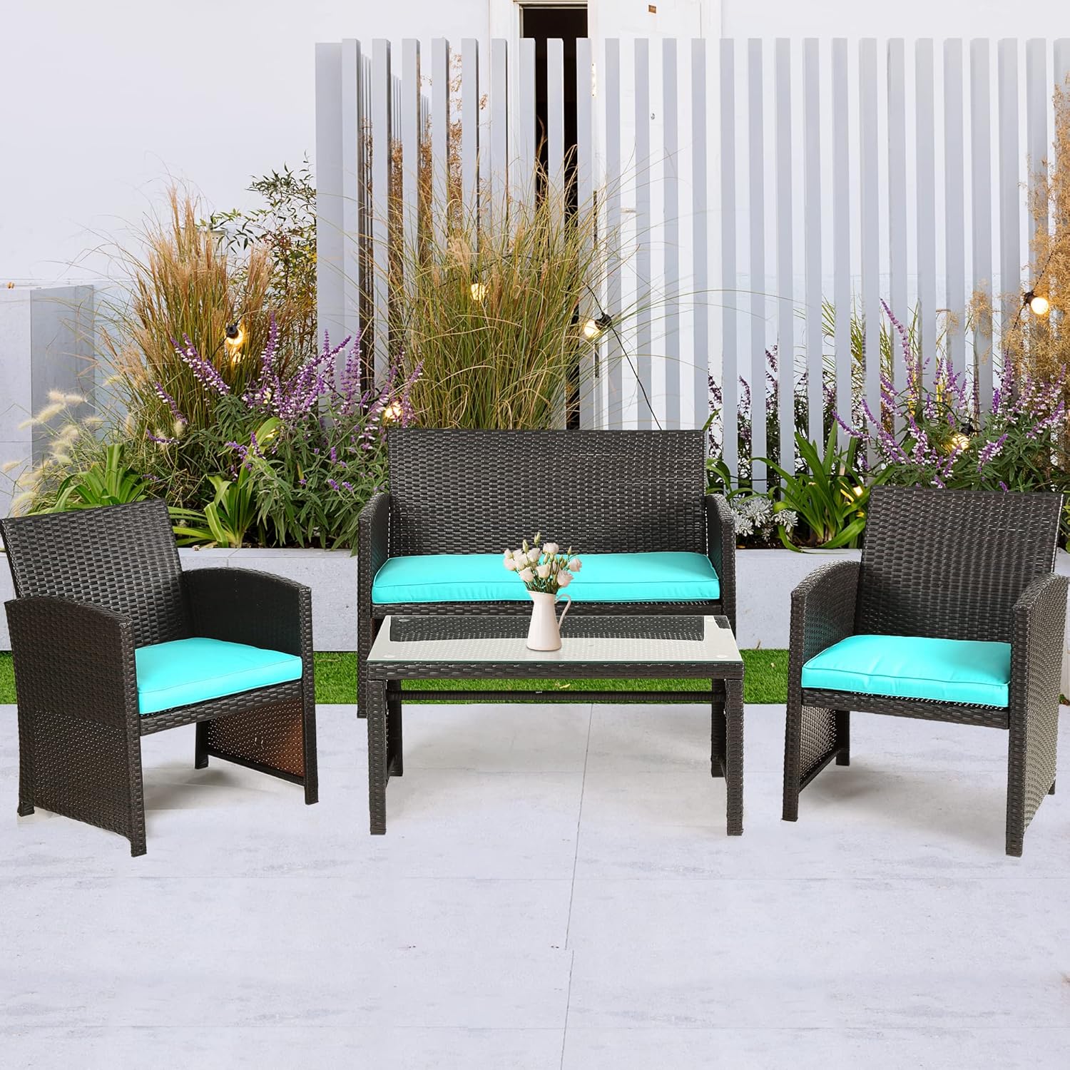 Skiennix Outdoor Furniture Set - 4-Piece Wicker Patio Conversation Set for Lawn & Garden - Brown/Blue