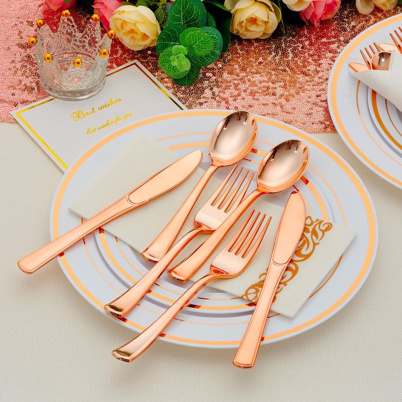 ISFANGCO 100 Pack Pre Rolled Rose Gold Plastic Silverware Set with Napkins,Disposable Wrapped Heavy Duty Cutlery Set for Wedding Birthday Party-100 Forks,Knives,Spoons,Utensils Set,Plasticware Bulk