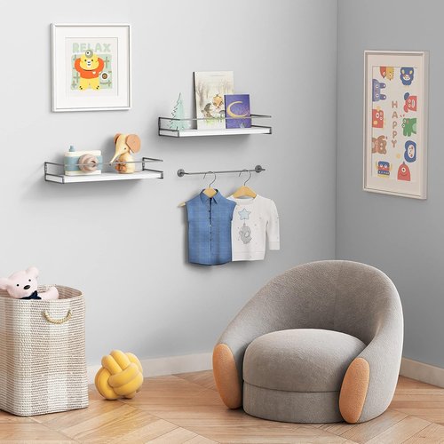 Forbena Floating Bathroom Shelves - Wall Mounted Organizer with Towel Rack | Set of 2 (White-Dark Grey)