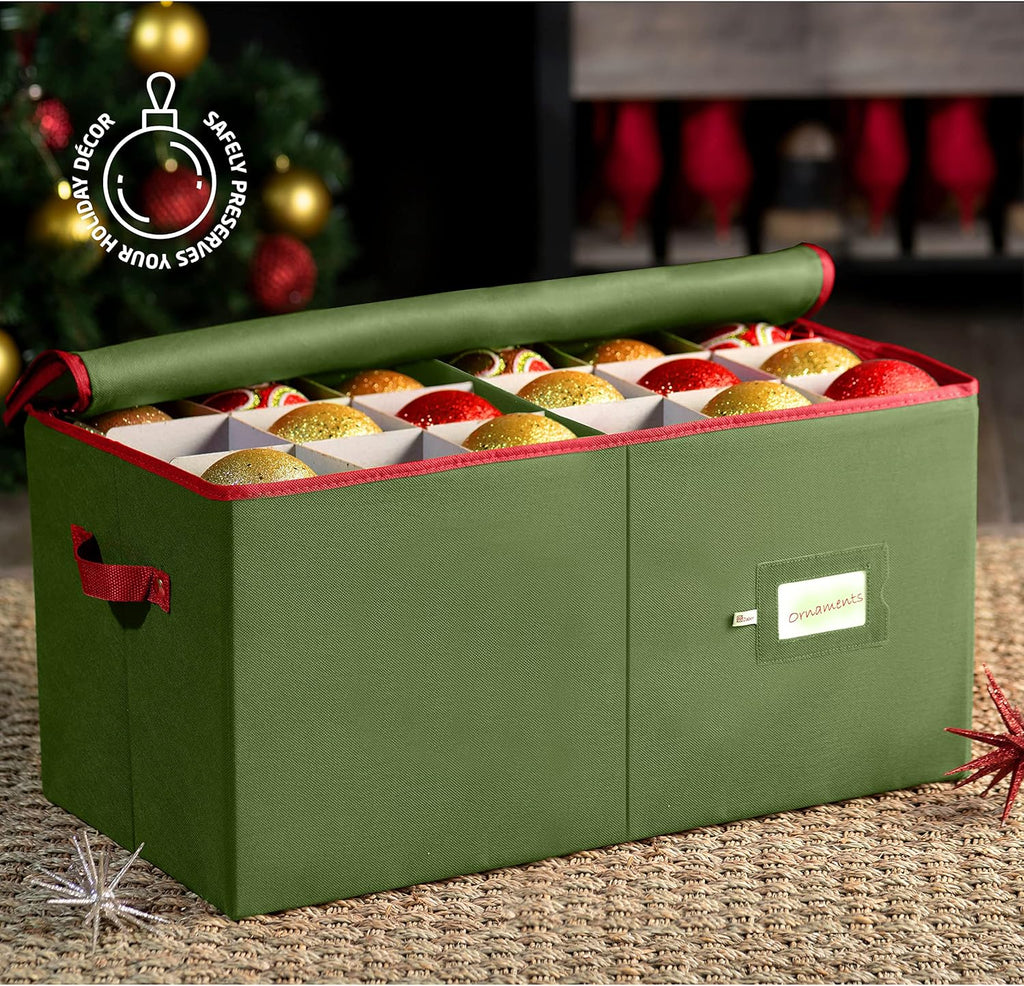 ZOBER Large Christmas Ornament Storage Box - Holds 54 4" Ornaments with Dividers - Durable Green Organizer