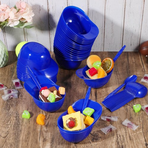 Lemecima 50 Set Baseball Helmet Ice Cream Bowls，50pc Spoons and 50pc 8oz Mini Dessert Cups Sundae Bowl Parfait Cups Appetizer Cup, Reusable Serving Baseball Cup Bowl for Birthday Party