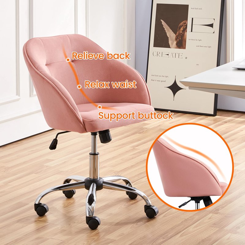 Yaheetech Pink Office Chair Small Cute Vanity Chair with Back Wheels Velvet Swivel Rolling Desk Computer Armchair for Bedroom Living Room