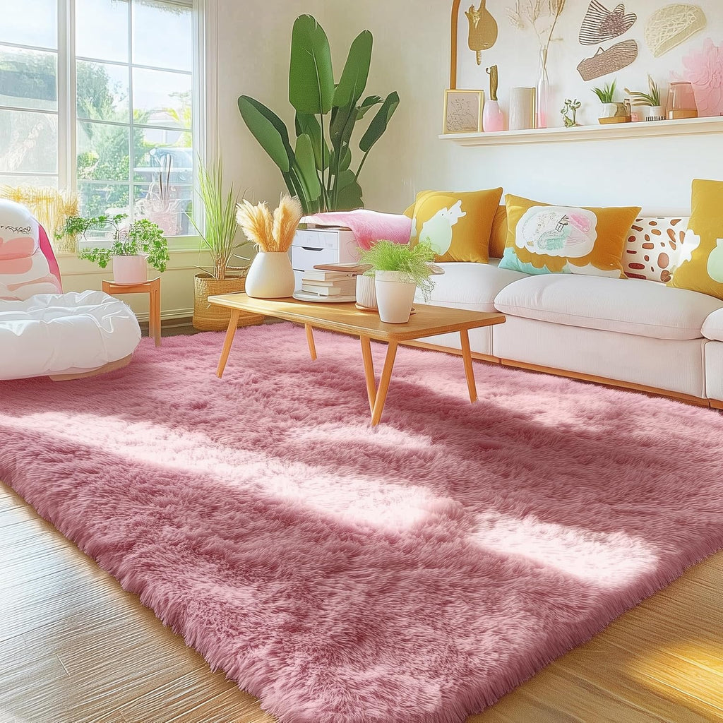 OLANLY Area Rugs - Soft Fluffy Shaggy Indoor Carpet for Living Room & Bedroom - 4x5.9 ft Pale Pink