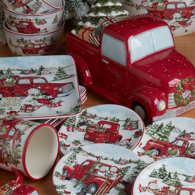 Red Truck Snowman Set of 4 Ceramic Dinner Plates – Add classic holiday charm to your table with these beautifully detailed plates featuring vintage red trucks and cheerful snowmen 10.25"