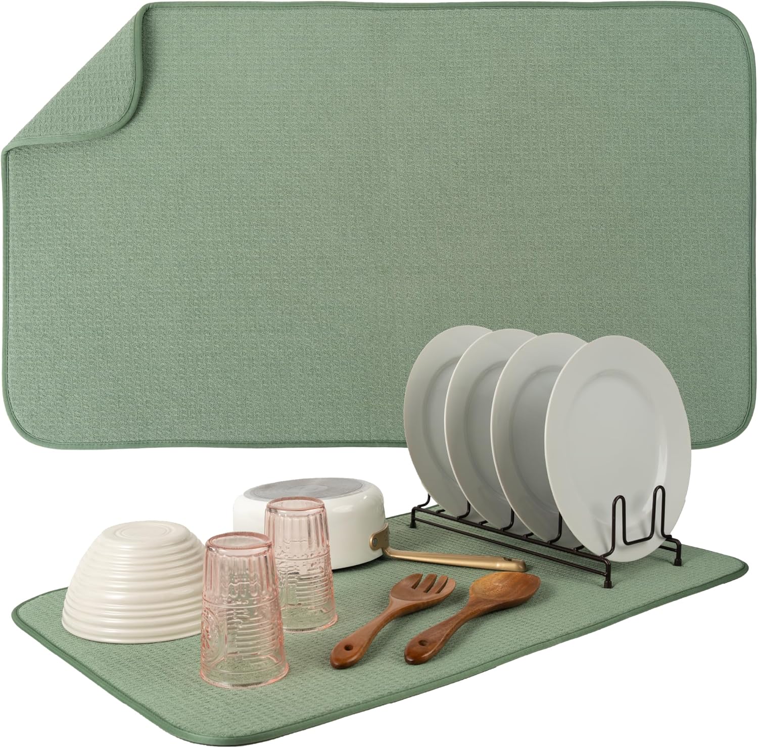 S&T INC. Jumbo Dish Drying Mat - Absorbent Microfiber Kitchen Counter Pad, 18” x 30”, Sage Green