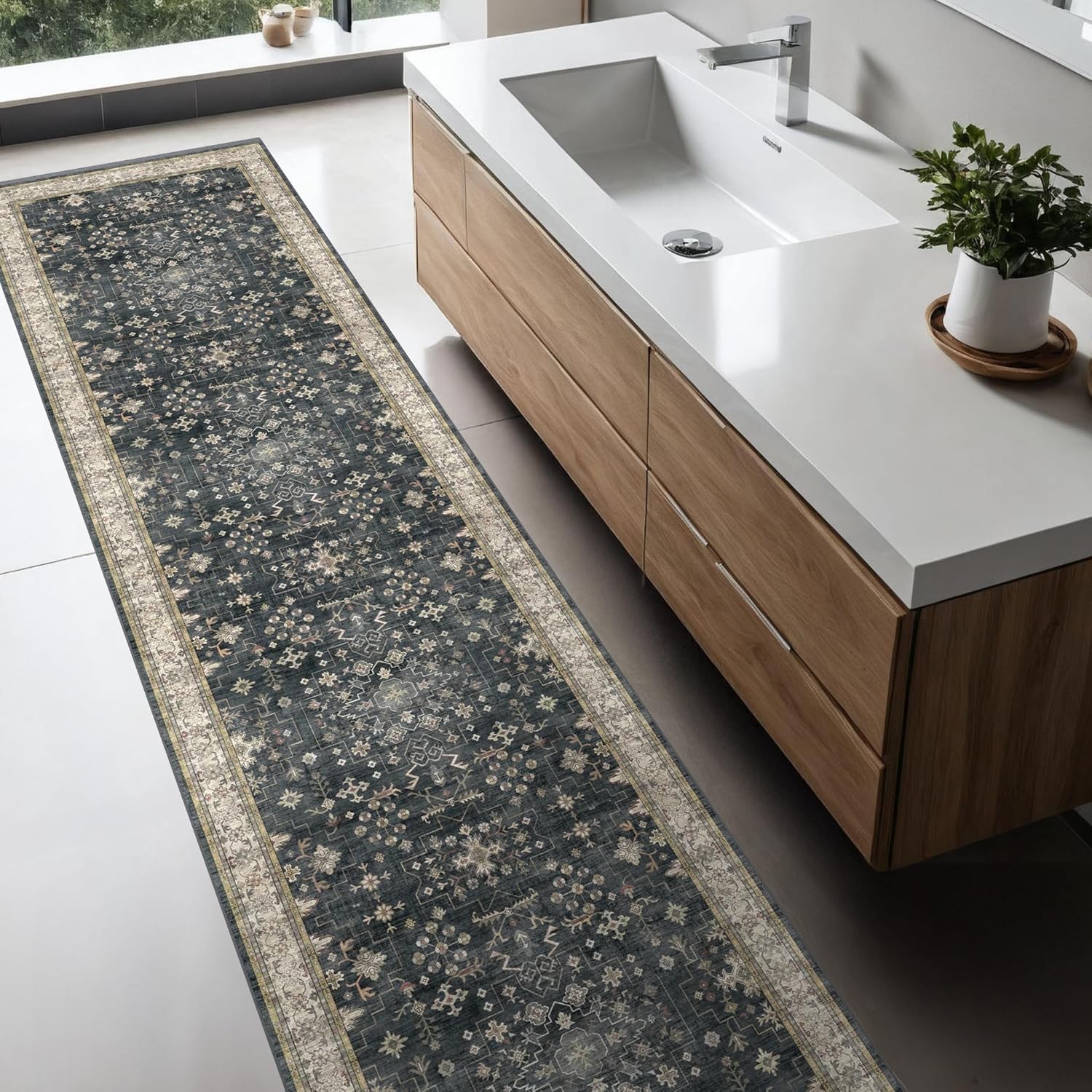 Skiennix 8ft Washable Black Runner Rug - Non-Slip Boho Vintage Design for High Traffic Areas
