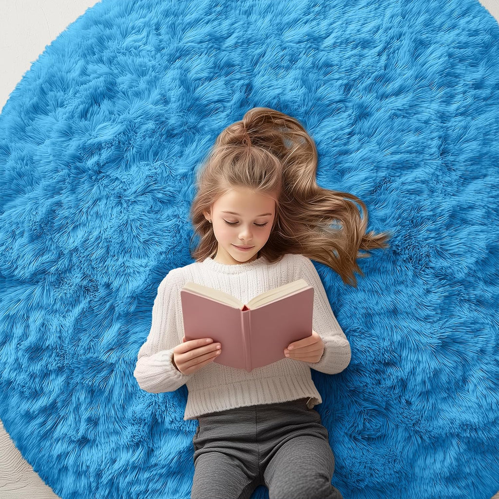 OLANLY Bright Blue Round Rug - Soft, Fluffy, Machine Washable 5 ft Circle Area Rug for Bedroom & Living Room