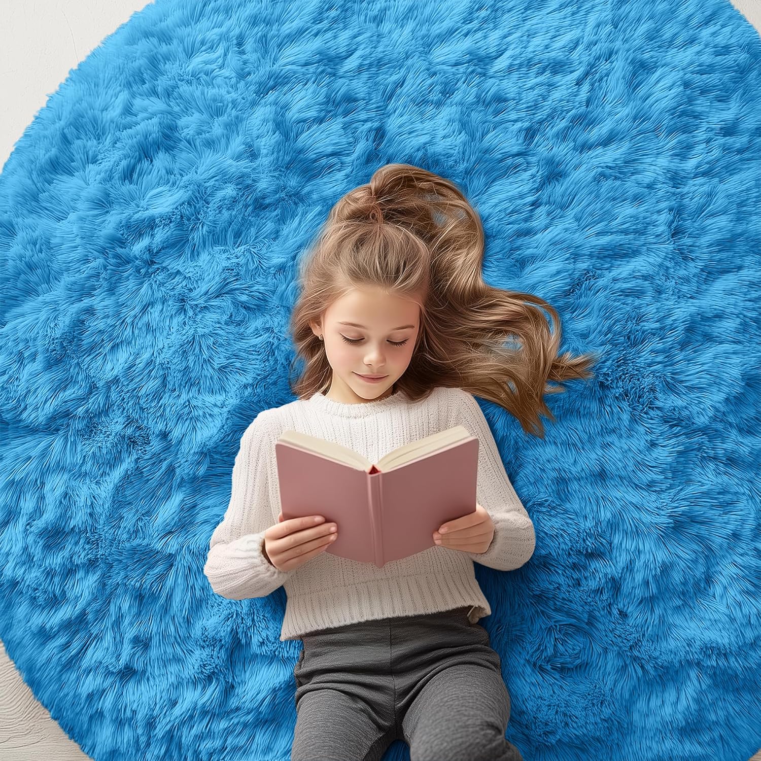 OLANLY Bright Blue Round Rug - Soft, Fluffy, Machine Washable 5 ft Circle Area Rug for Bedroom & Living Room