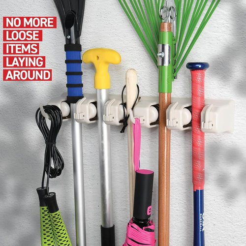 HOME IT Mop And Broom Holder Wall Mount - 5 Slots & 6 Hooks Garden Tool Organizer - Off-White