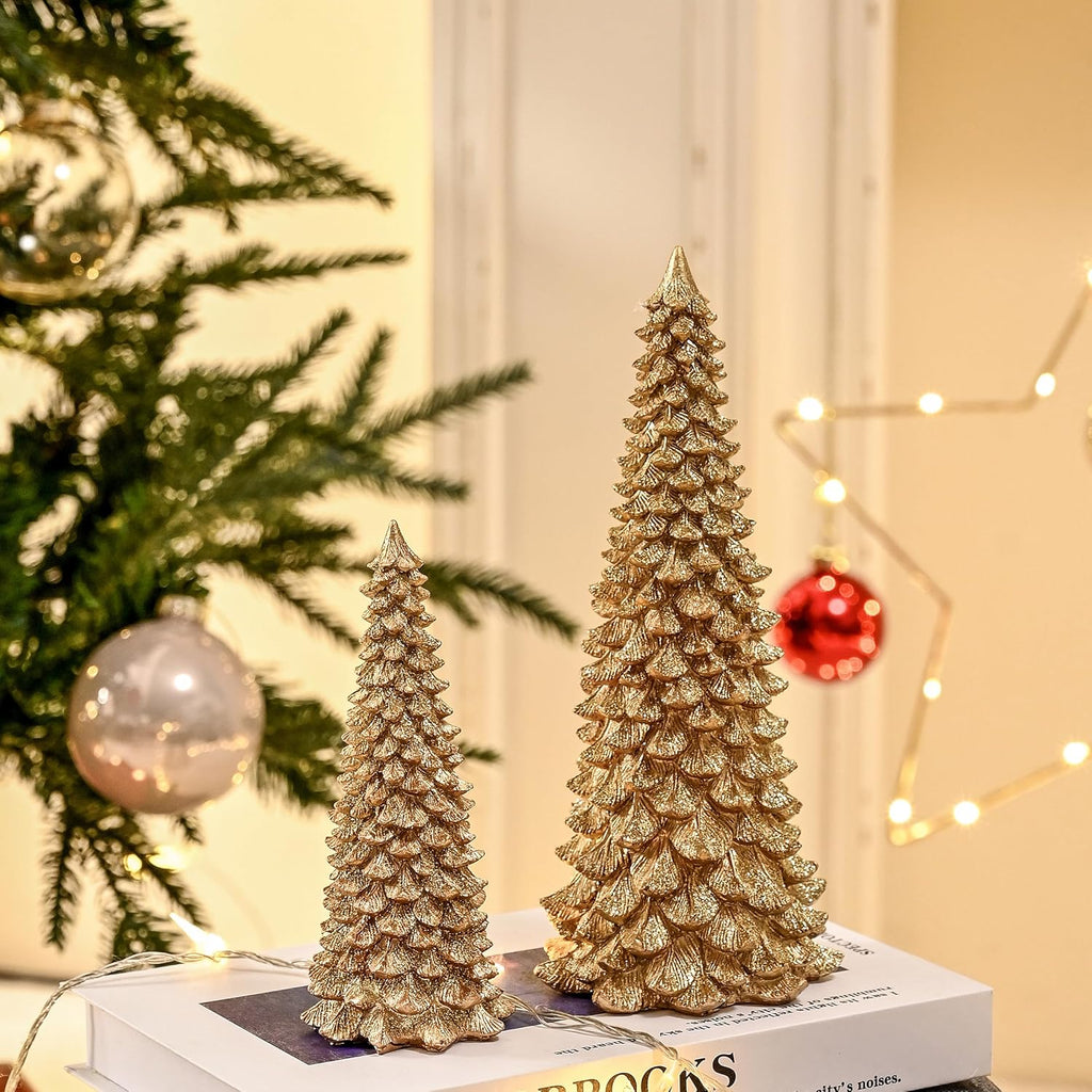 AOMOONOA Gold Christmas Tree Figurines - 2Pcs Resin Glitter Tabletop Decor | Small Xmas Trees for Home