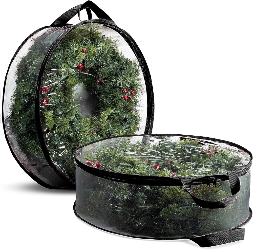 ZOBER Christmas Wreath Storage Container - 24 Inch Dual Zippered Bag with Durable Handles - Black | 2 Pack
