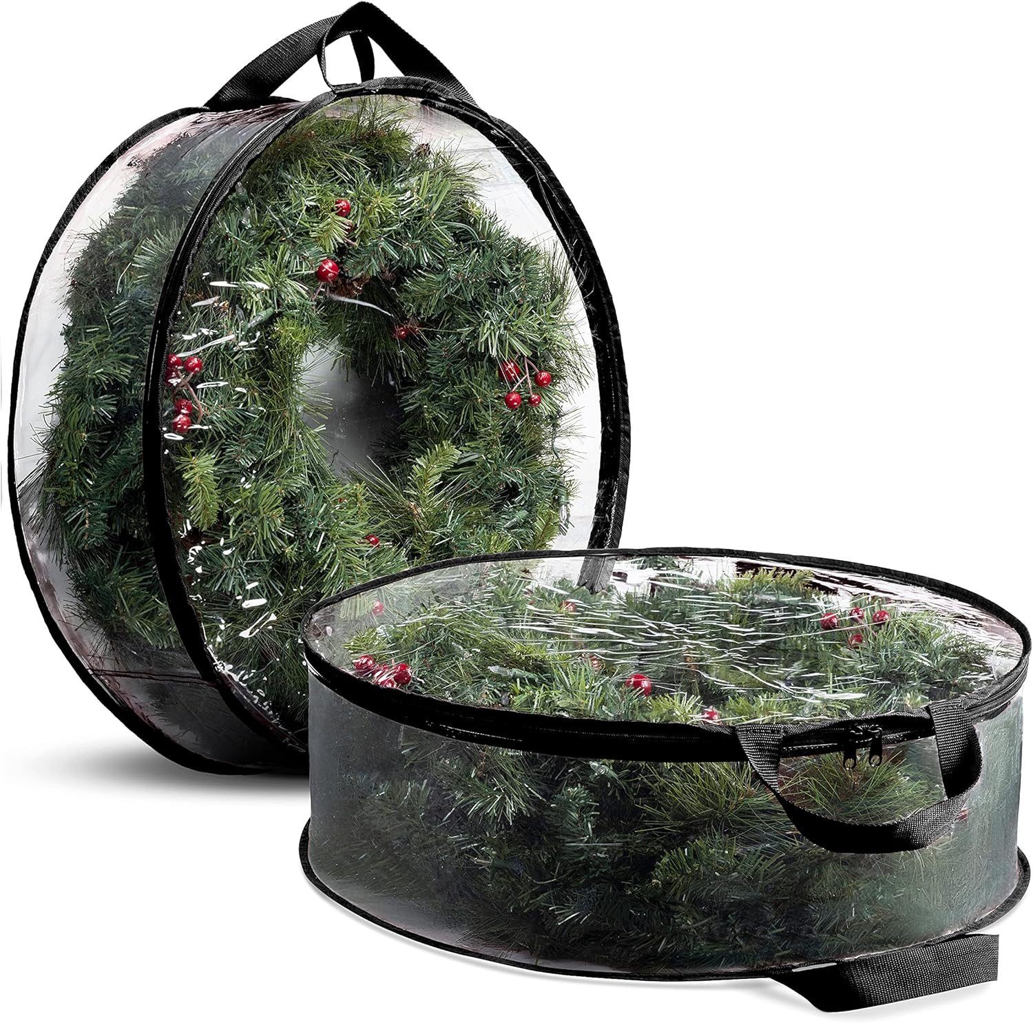 ZOBER Christmas Wreath Storage Container - 24 Inch Dual Zippered Bag with Durable Handles - Black | 2 Pack