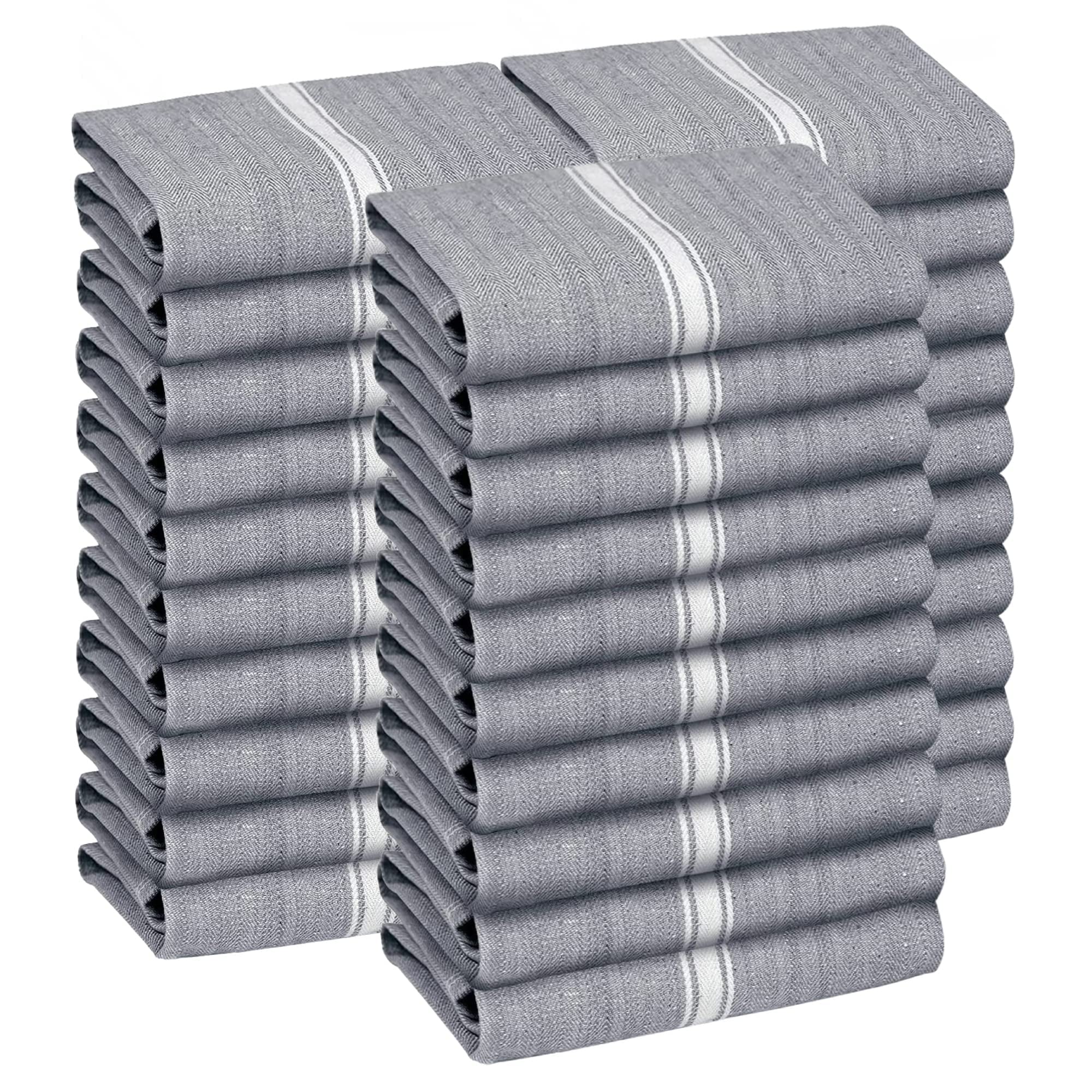 Zeppoli Classic Kitchen Towels - 30 Pack 100% Natural Cotton Towel Set, Reusable Wash Cloths, Absorbent Dish Towels, Machine Washable Hand Towels, Kitchen Essentials - 14” by 25” - Gray Base