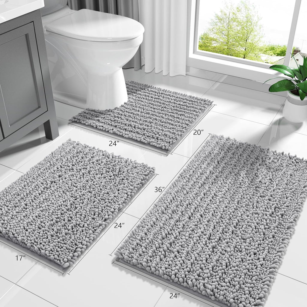 Yimobra Bathroom Rugs - Ultra Soft Non-Slip Chenille Bath Mat | Quick-Dry Shaggy Carpet, Gray 24x17 Inch