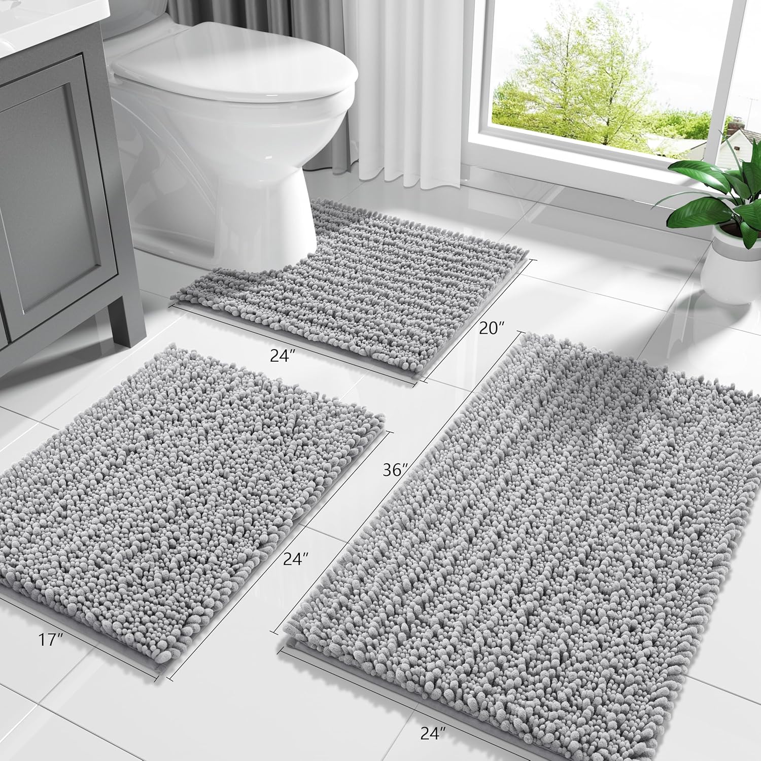 Yimobra Bathroom Rugs - Ultra Soft Non-Slip Chenille Bath Mat | Quick-Dry Shaggy Carpet, Gray 24x17 Inch