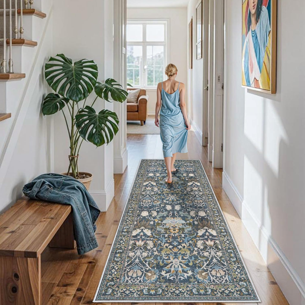 Skiennix Vintage Washable Entryway Area Rug - Soft Non-Slip Kitchen Runner | 3x6 Floral Blue Design