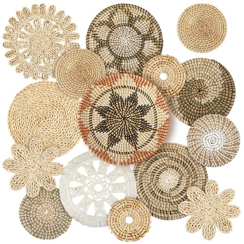 Xuhal 15 Pcs Boho Wall Basket Decor Handcrafted Seagrass Woven Wall Basket Rustic Round Woven Hanging Art for Home Farmhouse Kitchen Table Living Room(Classic Style)
