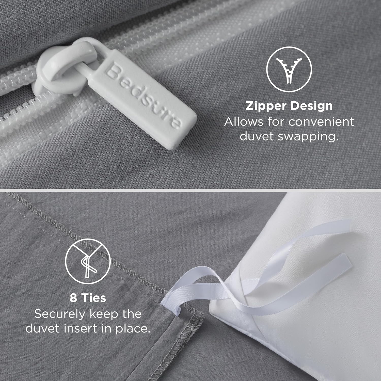 Bedsure Grey Duvet Cover Set - King Size 3-Piece Extra Soft Cotton-Like Polyester Bedding | 104x90 Inches with Zipper Closure & 2 Pillow Shams
