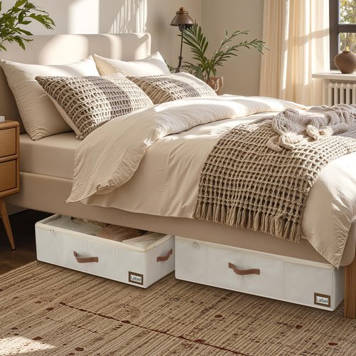 StorageWorks Under Bed Storage with Wheels, 10" Underbed Storage Containers with Lid, 90L Clothes Organizer for Blankets, Sweaters, Bedding, 2-Pack, Beige