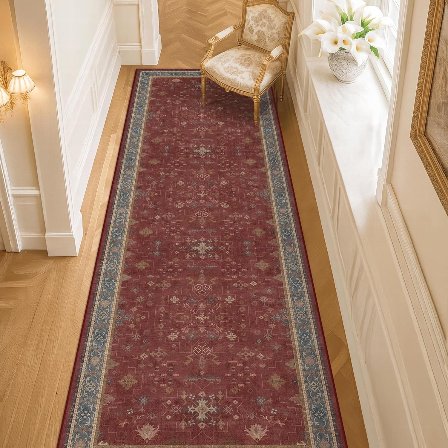 Regine Switzerland Dark Red 2'6''x8' Hallway Runner Rug - Washable Non-Slip Burgundy Floral Décor