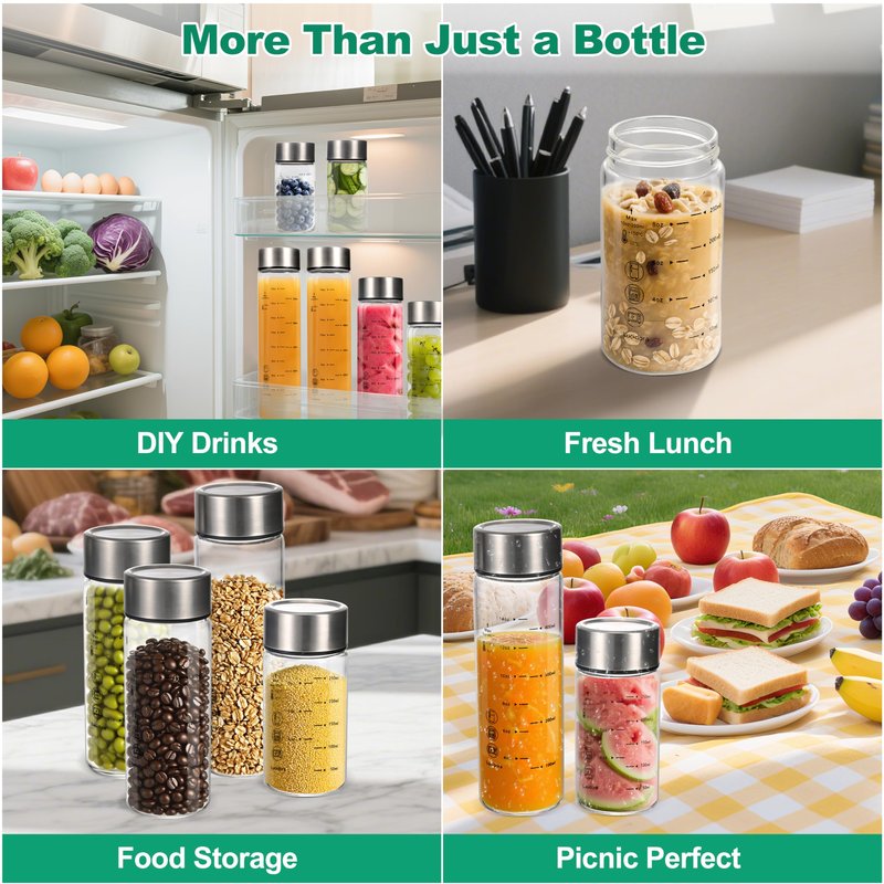 Lucidora 4 Pcs 12oz Glass Juice Bottles with Lids, Wide Mouth Glass Water Bottles with Measurement Markings Reusable Borosilicate Bottle for Juicing Smoothies Beverages, Leakproof Stainless Steel Caps