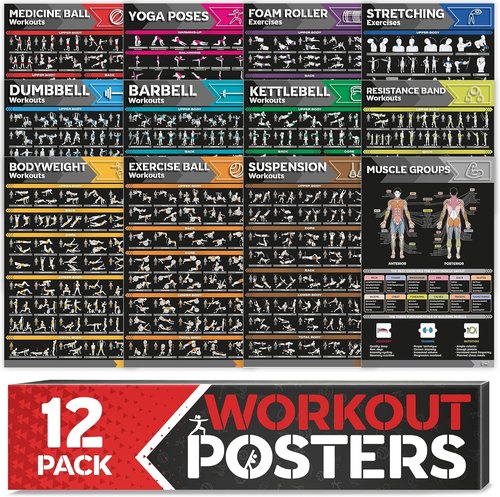 Laminated Large Workout Poster Set by [Brand Name] - Essential Home Gym Exercise Charts | 12-Pack with Dumbbell, Yoga, Kettlebell & More