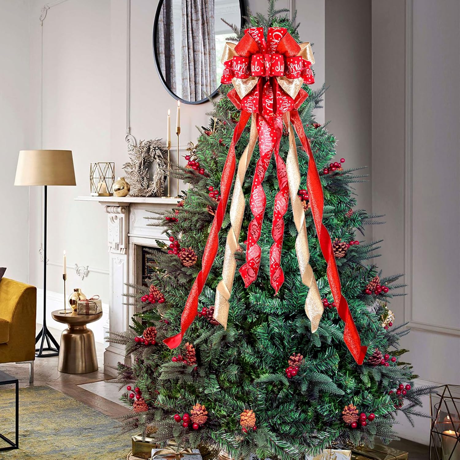 Regine Switzerland Christmas Tree Topper - Large 45"x12" Rustic Red Wreath Bow with Letter Pattern for Holiday Decor