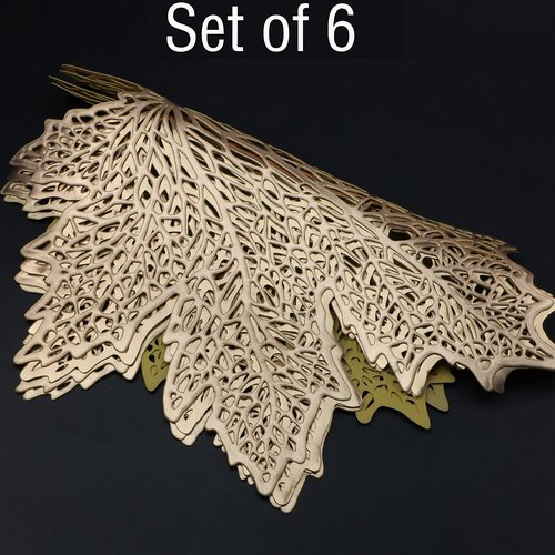 Snowkingdom 6 Pcs Fall Thanksgiving Maple Leaf Placemats, 17"X16" Gold Round Vinyl Table Mats Pressed Metallic Hollow Out Place mats for Autumn Harvest Holiday Party Centerpiece Dining Table